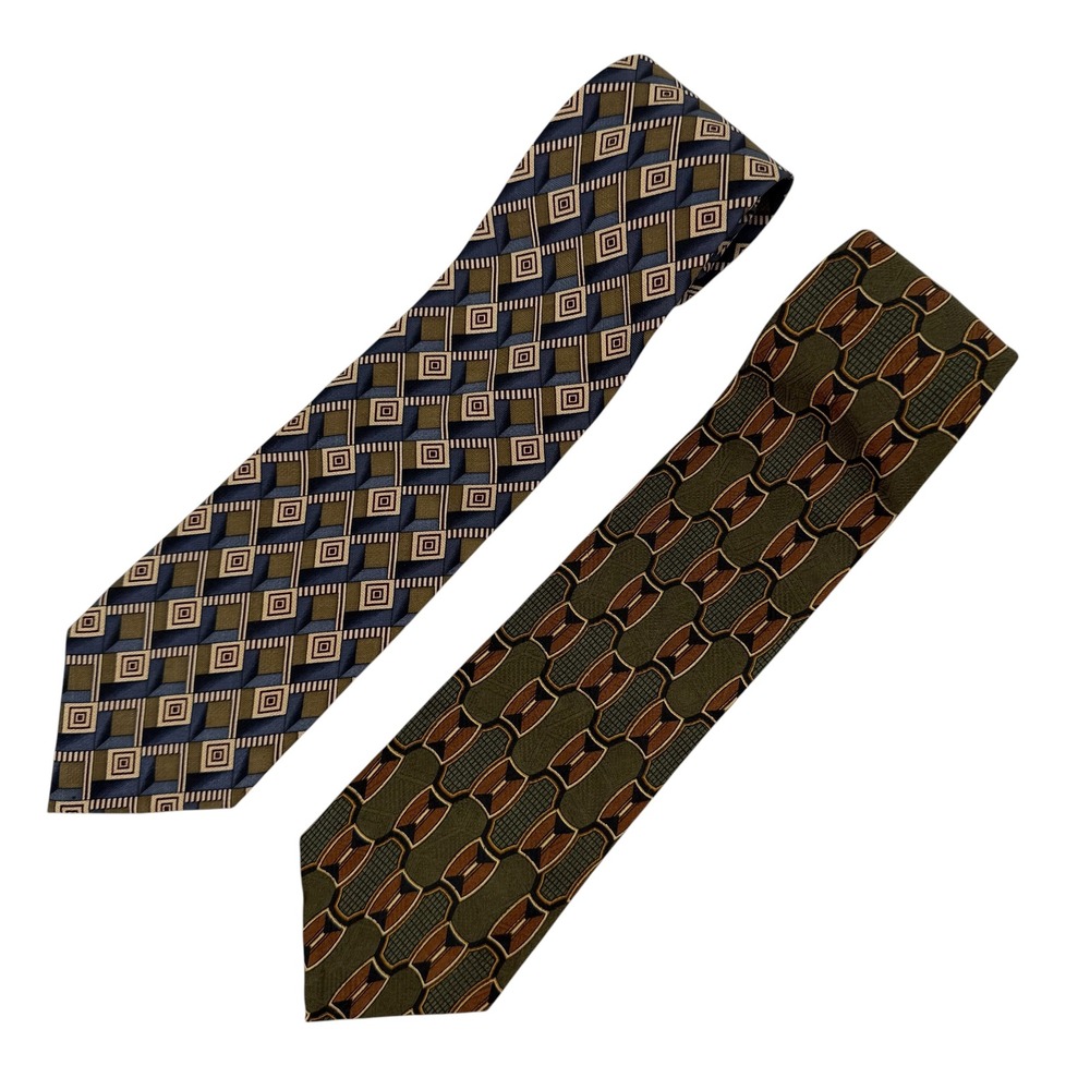 Louis Roth Mens 100% Silk Tie Lot 2 Green Blue Geometric Hand Sewn Necktie